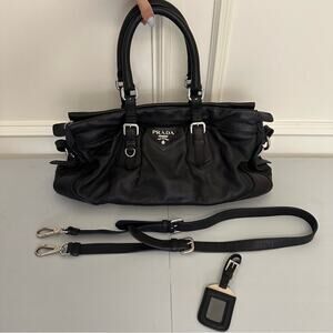 Vintage Prada Black Top Handle Bag Satchel Crossbody Silver Logo Belt Designer